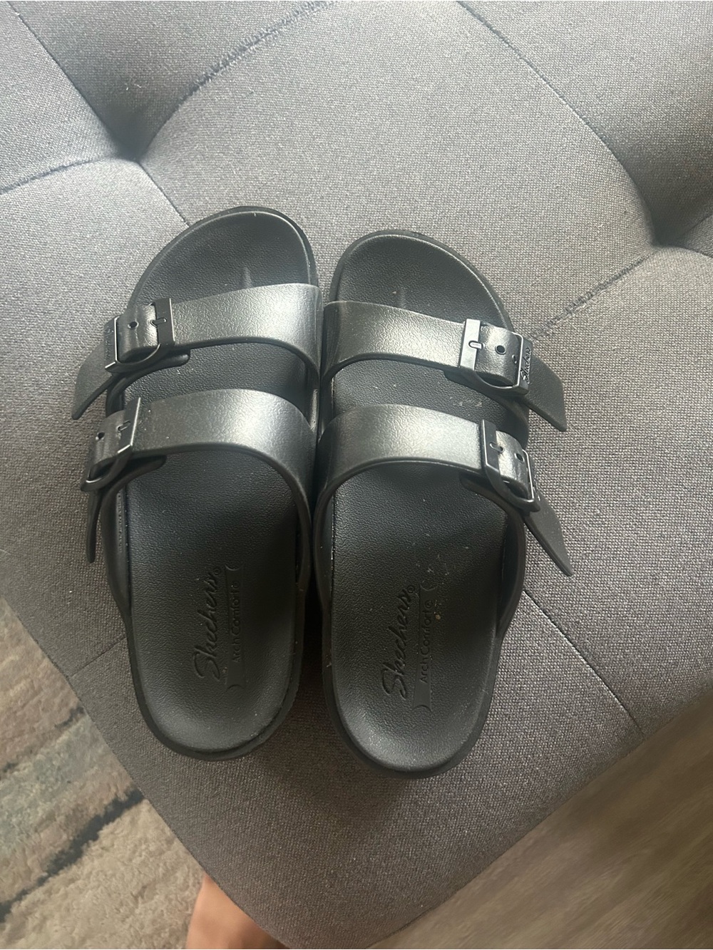 Skechers Black Slide Sandals Dual Straps Sz 7 Arch Support Minimalist Beach